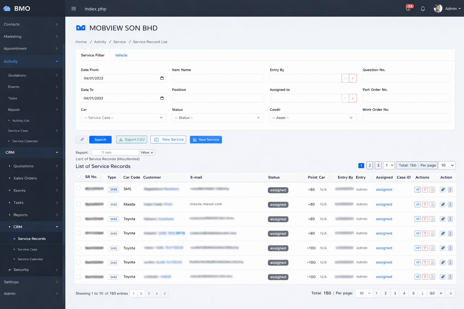 iCRM contact management dashboard