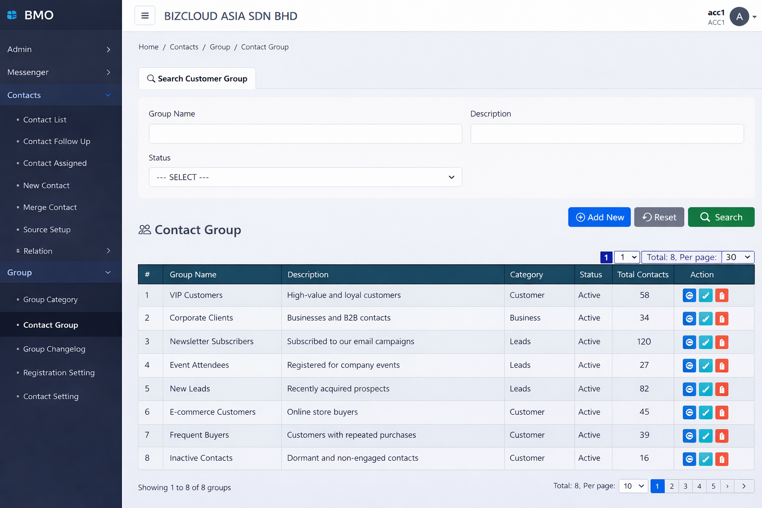 iCRM contact groups and membership dashboard