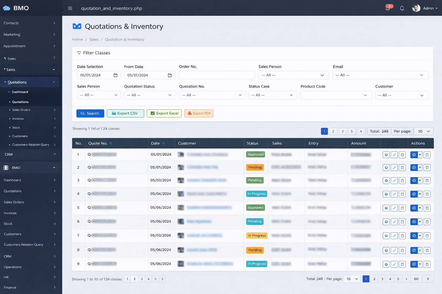 iCRM quotation and service workflow dashboard