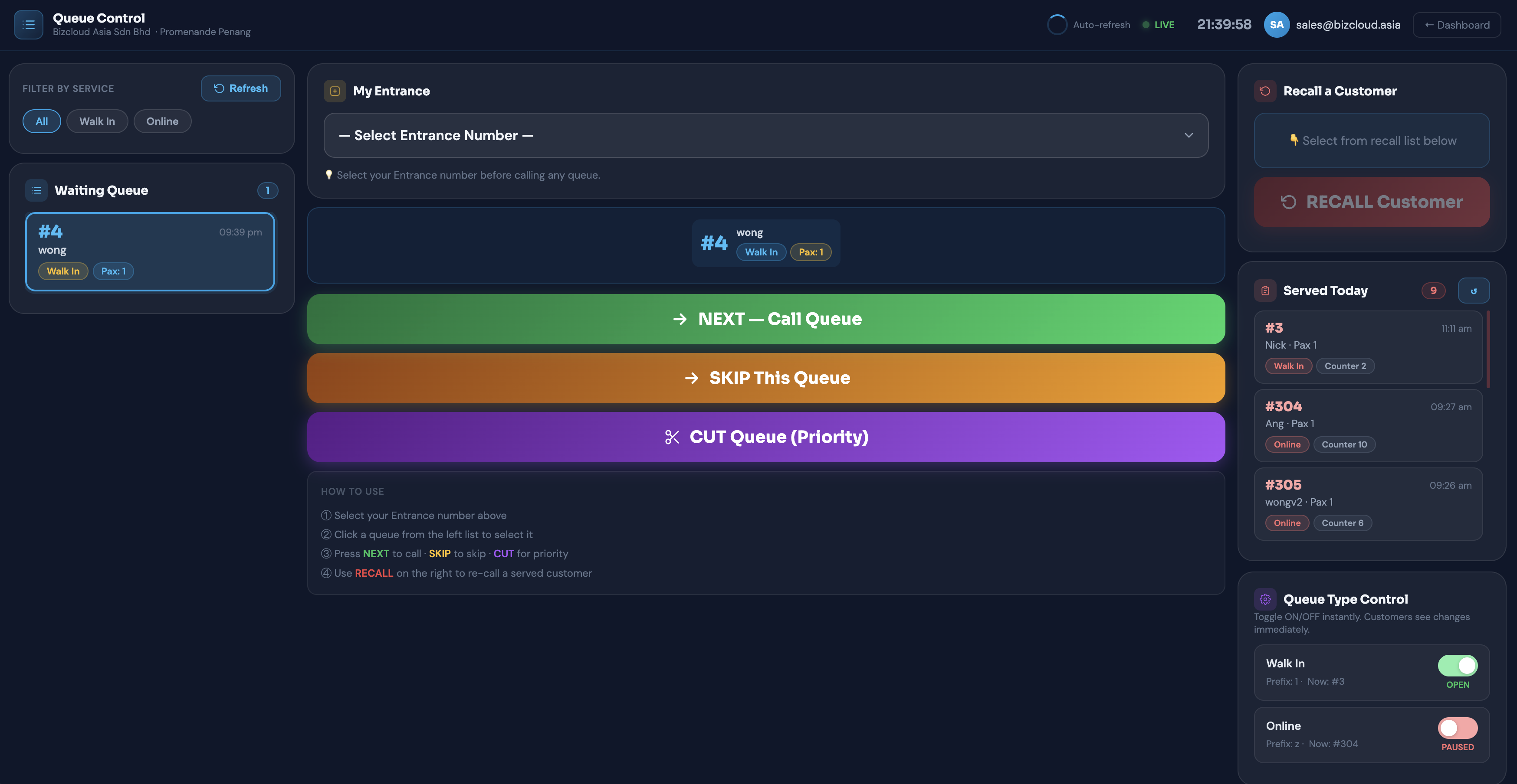 Queue control panel