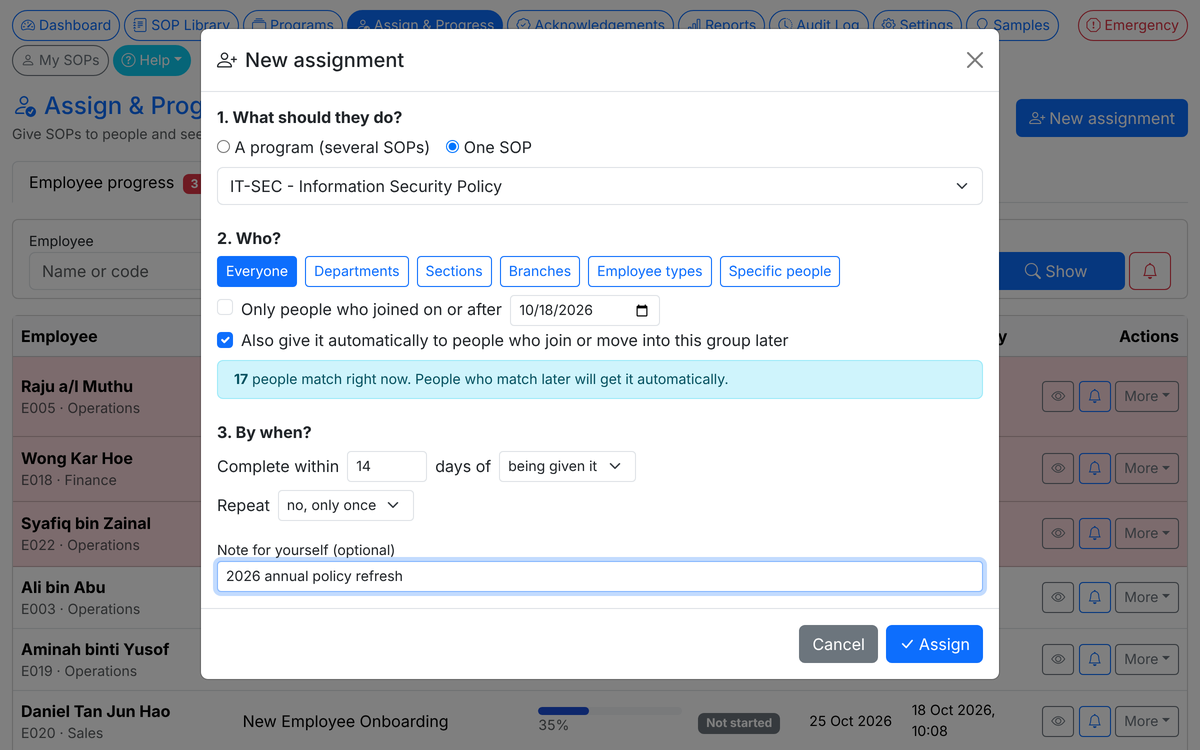 New assignment dialog: choose the SOP, who gets it and the due date