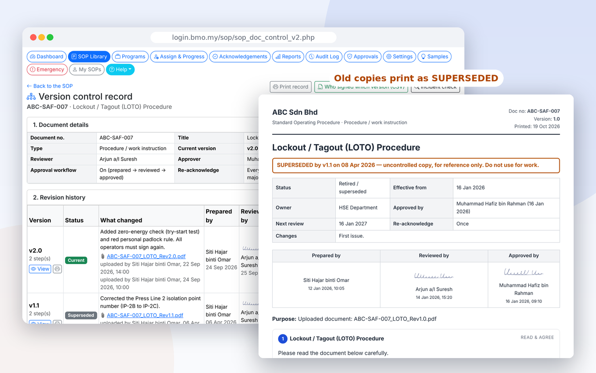 Version control record for the Lockout / Tagout procedure with revision history and signatures, next to a printed version 1.0 stamped SUPERSEDED