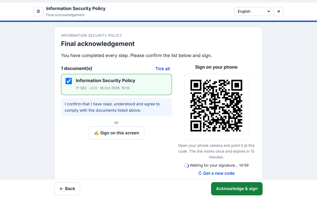 Sample final acknowledgement page with typed-name and signature options and a QR code for phone signing