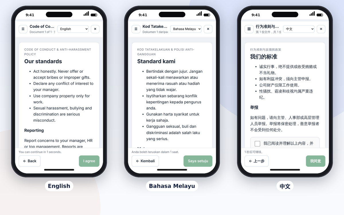 The same Code of Conduct step on three phones in English, Bahasa Melayu and Chinese