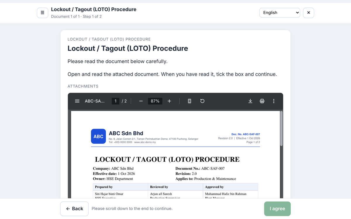 Employee reading the sample Lockout / Tagout PDF, with the I agree button still disabled